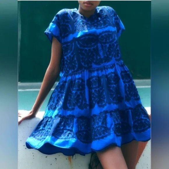 Zara Womens Blue Black Floral Embroidered Baby Doll Mini Dress Size 2XL - Picture 1 of 11